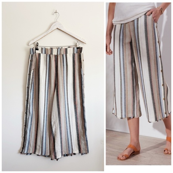 SOFT SURROUNDINGS L Sera Cropped Pants Striped Linen Blend Button Sides Large - Picture 1 of 11